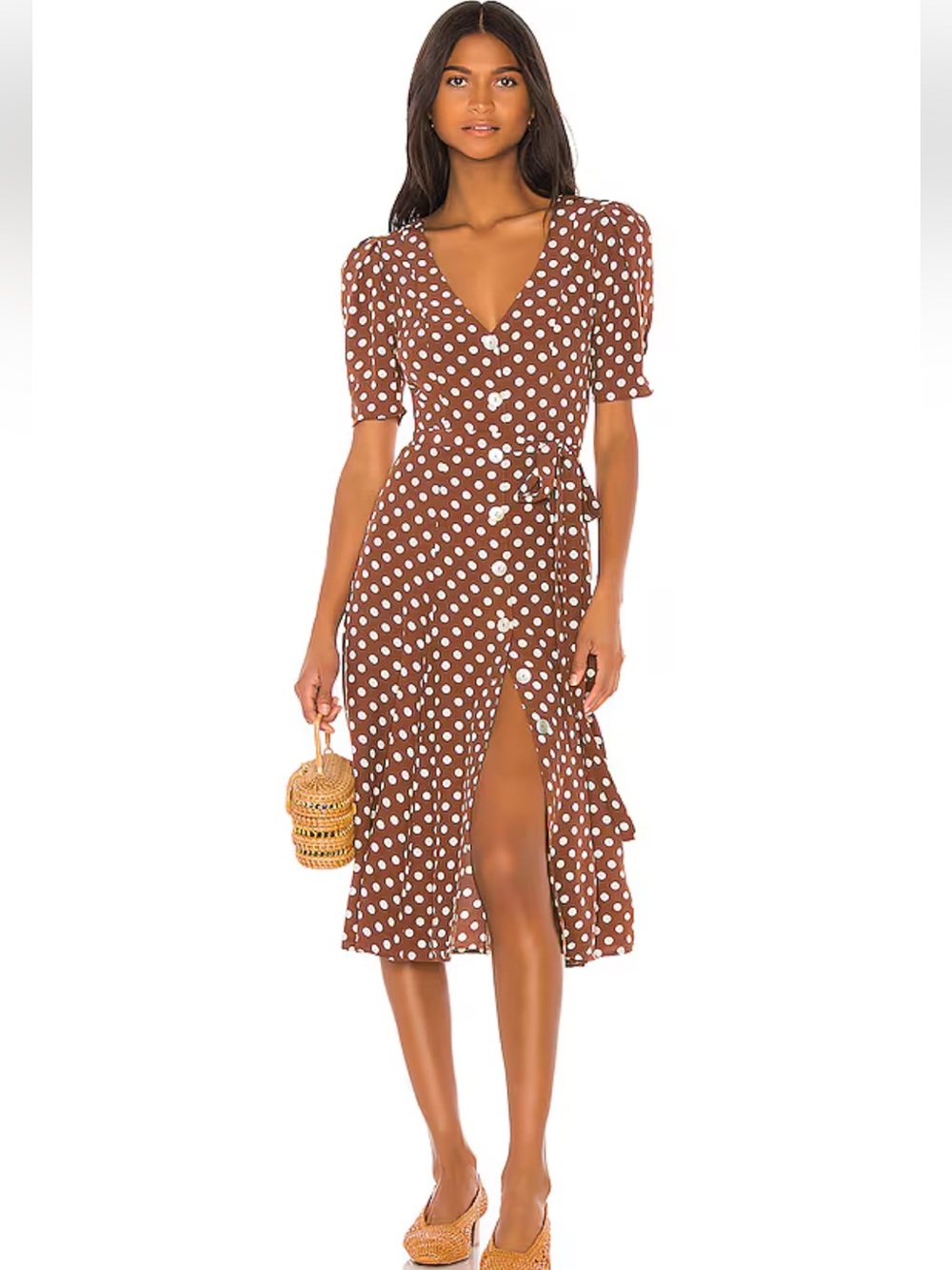 LPA BAMBINA DRESS IN ANNETTE DOT Polka Dot Wrap Midi Dress in Brown